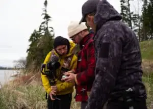 The cinematographer and Richard observing as the director operates a drone