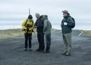 Director, cinematographer, FAY liaison officer, and a park ranger preparing for filming at Cap St Mary's bird sanctuary