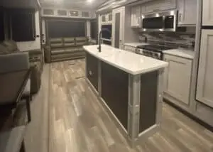 The interior of a luxurious Star-Mobile trailer prepared for Idris Elba's arrival.