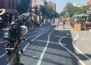Sony FX9 camera filming a car-free Mont-Royal street in Montreal