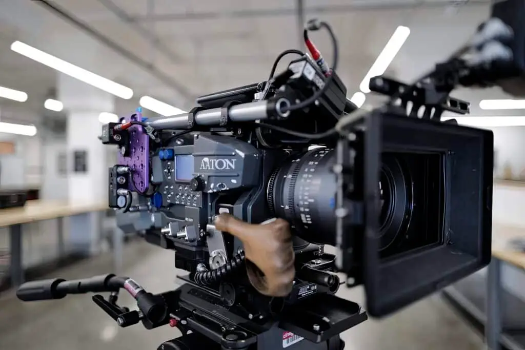 Aaton Penelope camera angled on a studio table during an interview about its film revival role